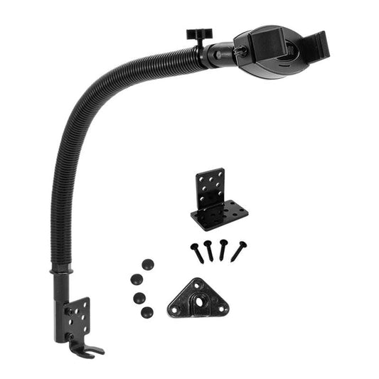 The Mobile Grip 2 Seat Rail or Floor Car Mount for iPhone, Galaxy, Note, and more features a flexible black mounting arm with adjustable clamp, metal brackets, screws, and rubber pads—all shown on a white background as a support kit.