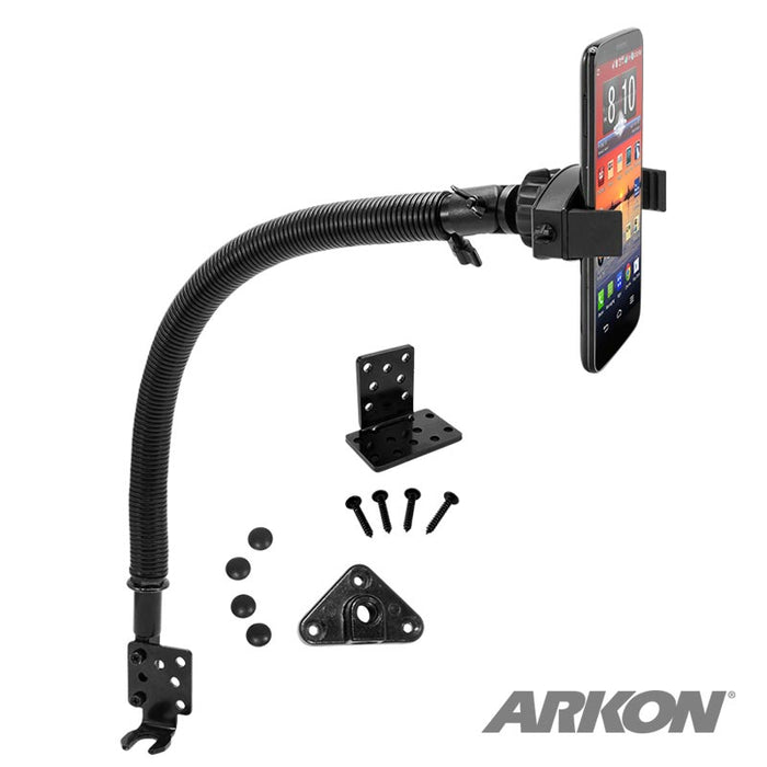 The ARKON Mobile Grip 2 Seat Rail or Floor Car Mount securely holds iPhone, Galaxy, Note, and more with a flexible gooseneck and includes mounting brackets, screws, and hardware. The ARKON logo is visible in the bottom right corner.