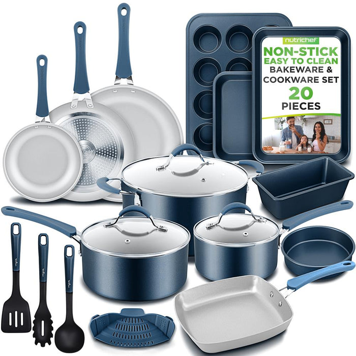 20 Pc Kitchen Set - Even Cooking Non-Stick Coating, Navy Blue