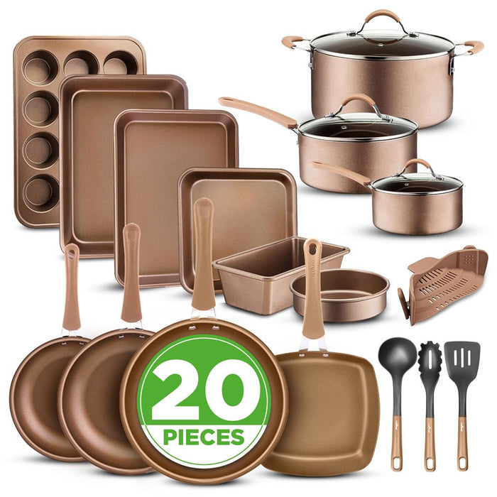 20-Piece Nonstick Cookware Set - Even Heat, PFOA/PFOS-Free, Tempered Glass