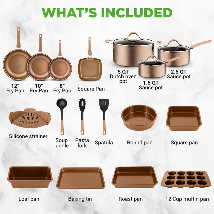 20-Piece Nonstick Cookware Set - Even Heat, PFOA/PFOS-Free, Tempered Glass