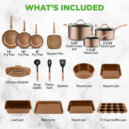 20-Piece Nonstick Cookware Set - Even Heat, PFOA/PFOS-Free, Tempered Glass