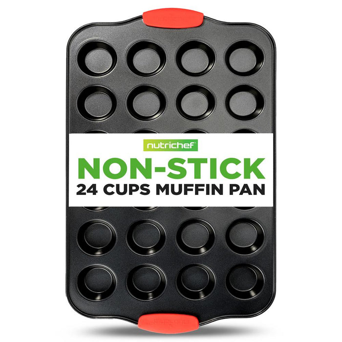 24 Cup Muffin Pan - Deluxe Nonstick Gray Coating Inside & Outside With Red Silicone Handles, Compatible With Model: Ncsbs10S (Black)