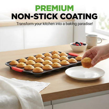 24 Cup Muffin Pan - Deluxe Nonstick Gray Coating Inside & Outside With Red Silicone Handles, Compatible With Model: Ncsbs10S (Black)