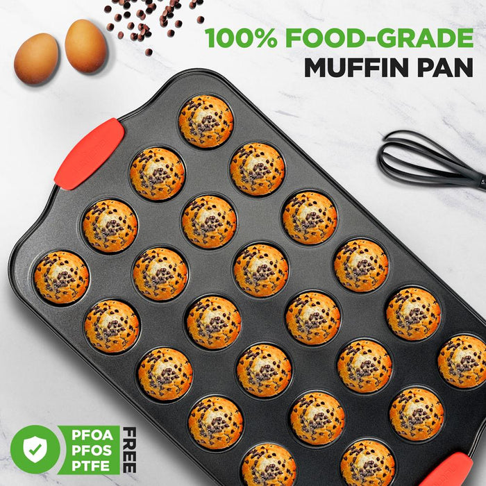 24 Cup Muffin Pan - Deluxe Nonstick Gray Coating Inside & Outside With Red Silicone Handles, Compatible With Model: Ncsbs10S (Black)