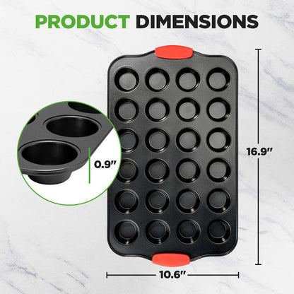 24 Cup Muffin Pan - Deluxe Nonstick Gray Coating Inside & Outside With Red Silicone Handles, Compatible With Model: Ncsbs10S (Black)