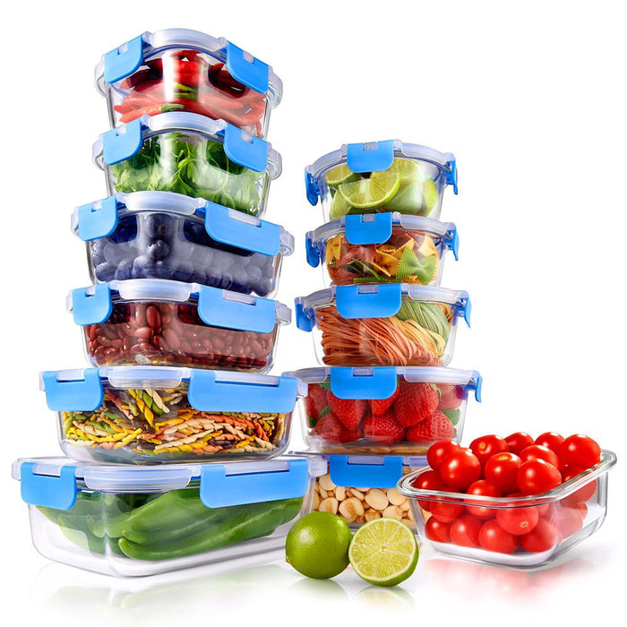 24-Piece Glass Food Storage Set, Airtight Leak-Proof, Blue
