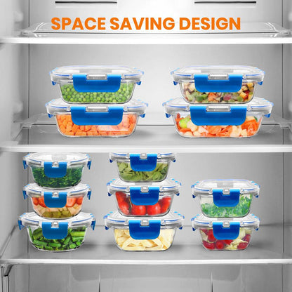 24-Piece Glass Food Storage Set, Airtight Leak-Proof, Blue