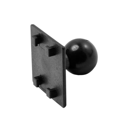 The 25mm Swivel Ball to 4-Prong iGRIP Mounting Pattern Adapter is a black plastic adapter with a square base, four small tabs, and a round ball handle, compatible with the 25mm ball pattern.