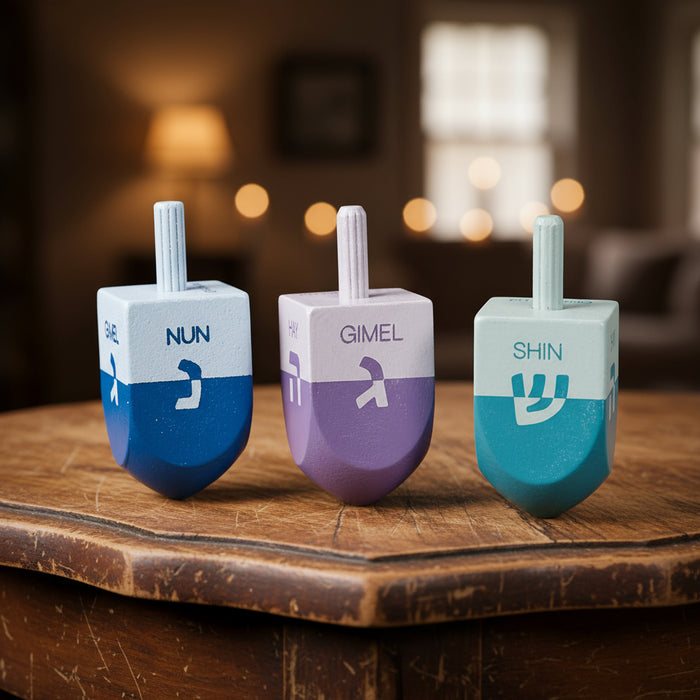 3 Large Colorblock Handpainted Wood Dreidels