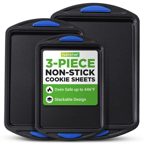 3-Piece Nonstick Cookie Sheets Set - Easy Cleanup Carbon Steel, Blue Handles
