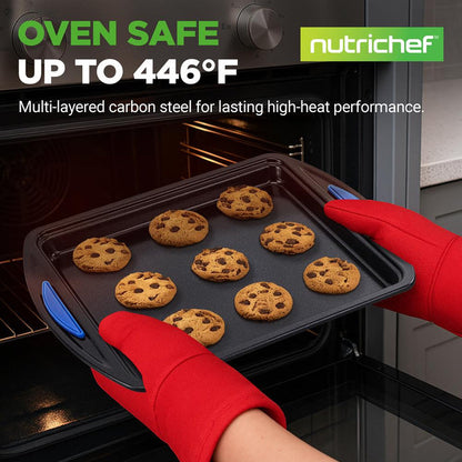 3-Piece Nonstick Cookie Sheets Set - Easy Cleanup Carbon Steel, Blue Handles
