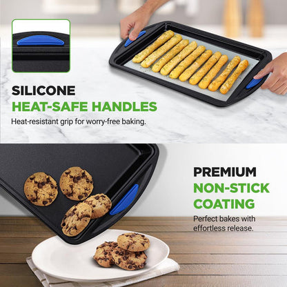 3-Piece Nonstick Cookie Sheets Set - Easy Cleanup Carbon Steel, Blue Handles