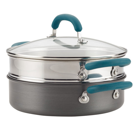 3-Quart Nonstick Induction Steamer Set with glass lid and blue handles.