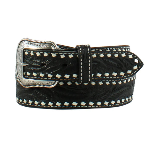 3D Belt Co. Men's Floral Tooled White Buck Lace Belt in Black