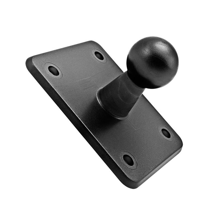 A 4-Hole AMPS to 17mm Ball Adapter with a black metal, rectangular base with rounded edges, four screw holes in the AMPS pattern, and a single protruding ball on an angled base pointing upward.