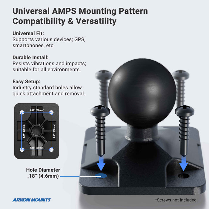 A black mounting base with a ball and four 4.6mm screw holes is shown with screws nearby. Text highlights its easy setup, universal camera mount compatibility for Nikon, Sony, Canon, Fujifilm & Olympus; diagram shows hole spacing.