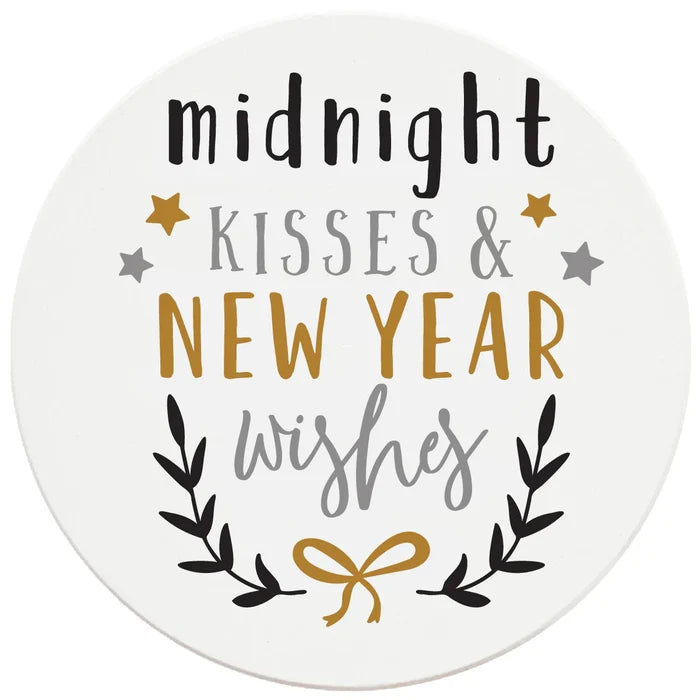 4 Inch Round Ceramic Coaster Set, Midnight Kisses & New Years Wishes, 2 Sets of 4, 8 Pieces - Christmas by Krebs Wholesale