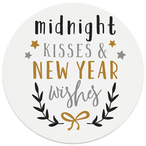 4 Inch Round Ceramic Coaster Set, Midnight Kisses & New Years Wishes, 2 Sets of 4, 8 Pieces - Christmas by Krebs Wholesale