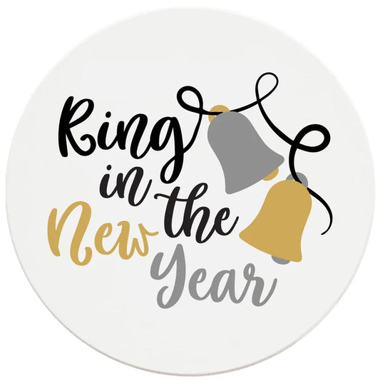 4 Inch Round Ceramic Coaster Set, Ring In The New Year, 2 Sets of 4, 8 Pieces - Christmas by Krebs Wholesale