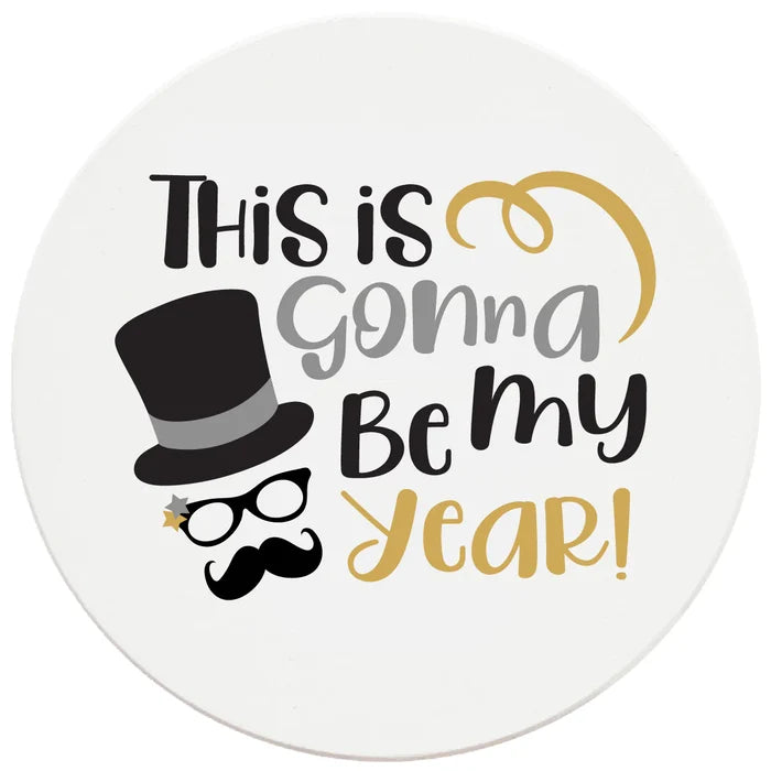 4 Inch Round Ceramic Coaster Set, This Is Gonna Be My Year, 2 Sets of 4, 8 Pieces - Christmas by Krebs Wholesale