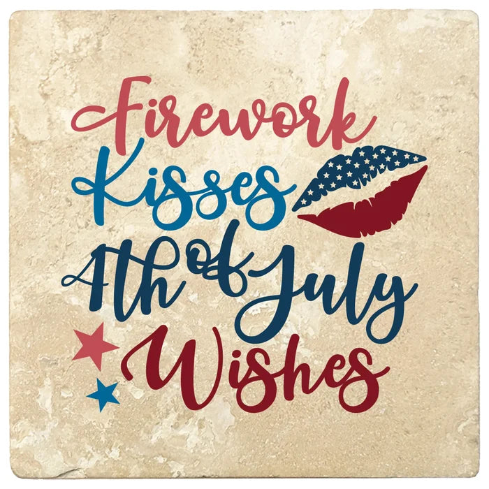 4 Inch Square Travertine Firework Kissed 4th of July Wishes, 2 Sets of 4, 8 Pieces - Christmas by Krebs Wholesale