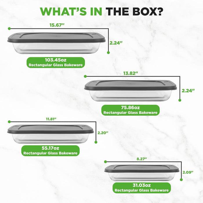 4 Sets Of High Borosilicate Rectangular Glass Bakeware Set With Pe Lid (Gray)