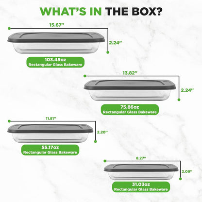 4 Sets Of High Borosilicate Rectangular Glass Bakeware Set With Pe Lid (Gray)