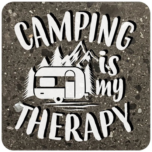 4" Square Black Stone Coaster - Camping Is My Therapy, 2 Sets of 4, 8 Pieces - Christmas by Krebs Wholesale