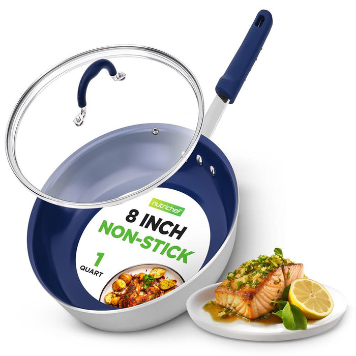 8" Nonstick Fry Pan with Lid, Ceramic Coating, Blue Silicone Handle