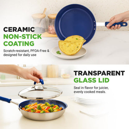 8" Nonstick Fry Pan with Lid, Ceramic Coating, Blue Silicone Handle