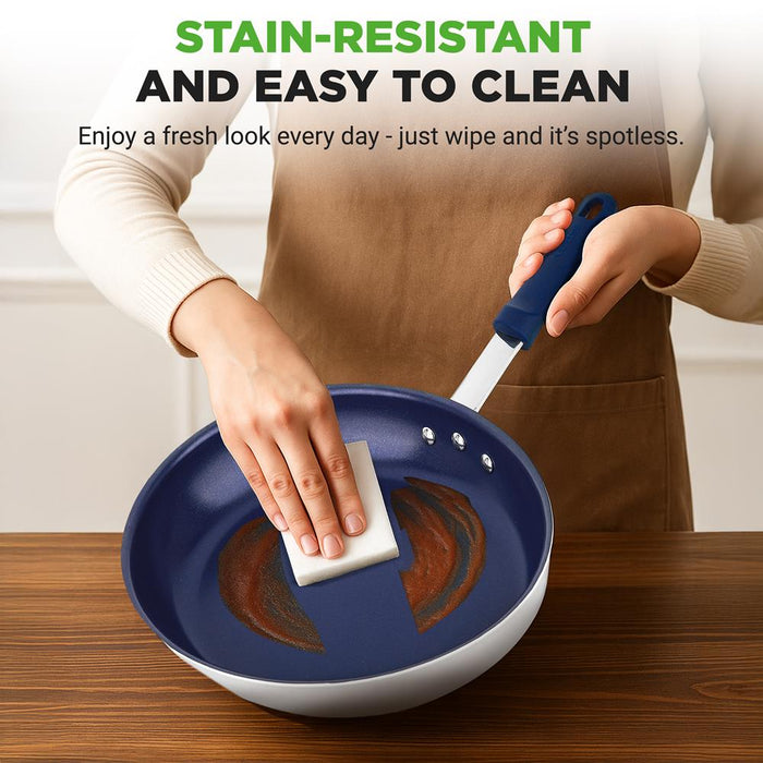8" Nonstick Fry Pan with Lid, Ceramic Coating, Blue Silicone Handle