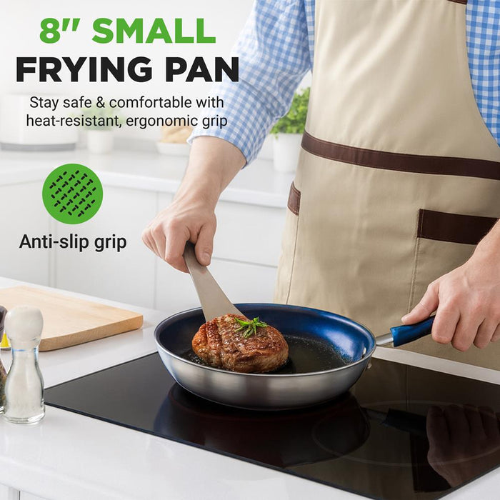 8" Nonstick Fry Pan with Lid, Ceramic Coating, Blue Silicone Handle