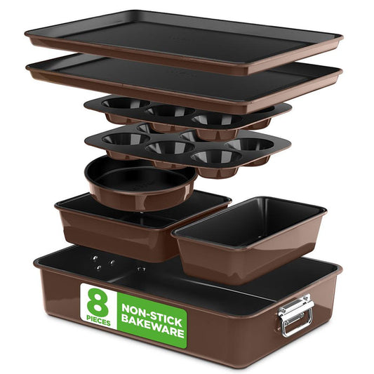 8-Piece Nonstick Bakeware Set - Space-Saving Carbon Steel, Brown