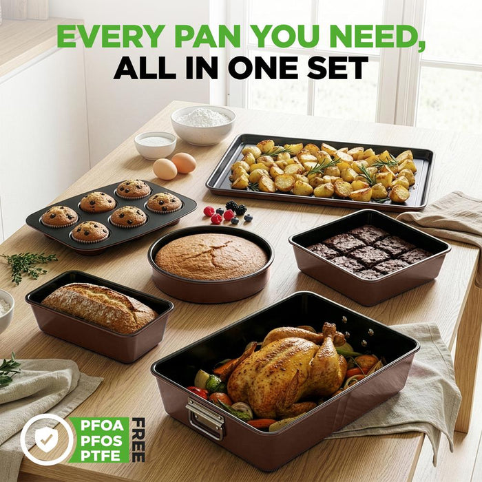 8-Piece Nonstick Bakeware Set - Space-Saving Carbon Steel, Brown