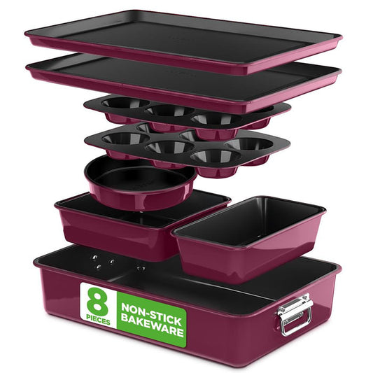 8-Piece Nonstick Bakeware Set - Space-Saving Stackable Design, Purple