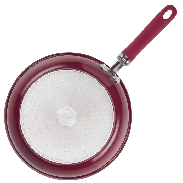 9.5" and 11.75" red nonstick induction frying pans, top view.