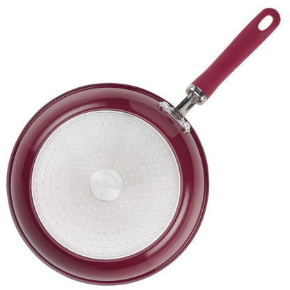 9.5" and 11.75" red nonstick induction frying pans, top view.