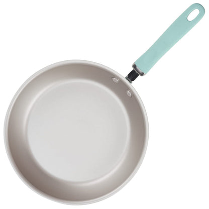 9.5" and 11.75" nonstick induction frying pans with light blue handles, top view.