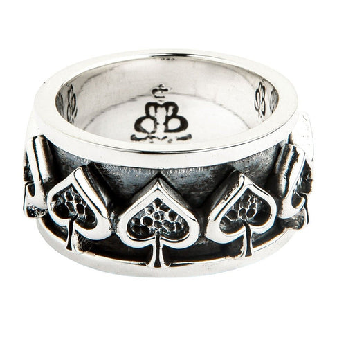 Ace of spades 925 sterling silver spinner ring showing detailed spade motifs and oxidized finish front view