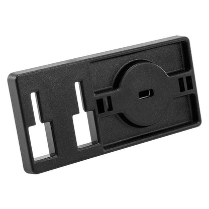 The Adhesive Security Plate with Slot features dual T-slots for mounting on the left and a central slot for cable locks, offering secure attachment via adhesive or security cables.