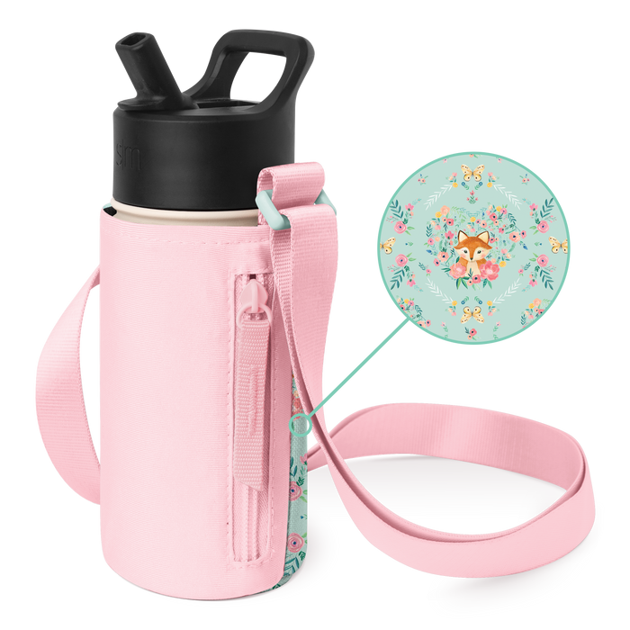 Light pastel pink water bottle with quilted pink insulated carrying sleeve on mint green background