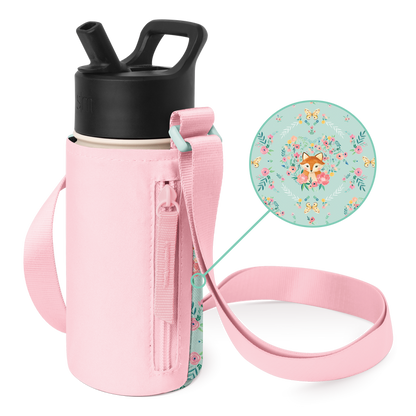 Light pastel pink water bottle with quilted pink insulated carrying sleeve on mint green background