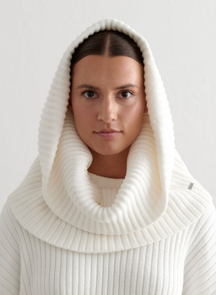 Almond White Rib Knit Tube Scarf