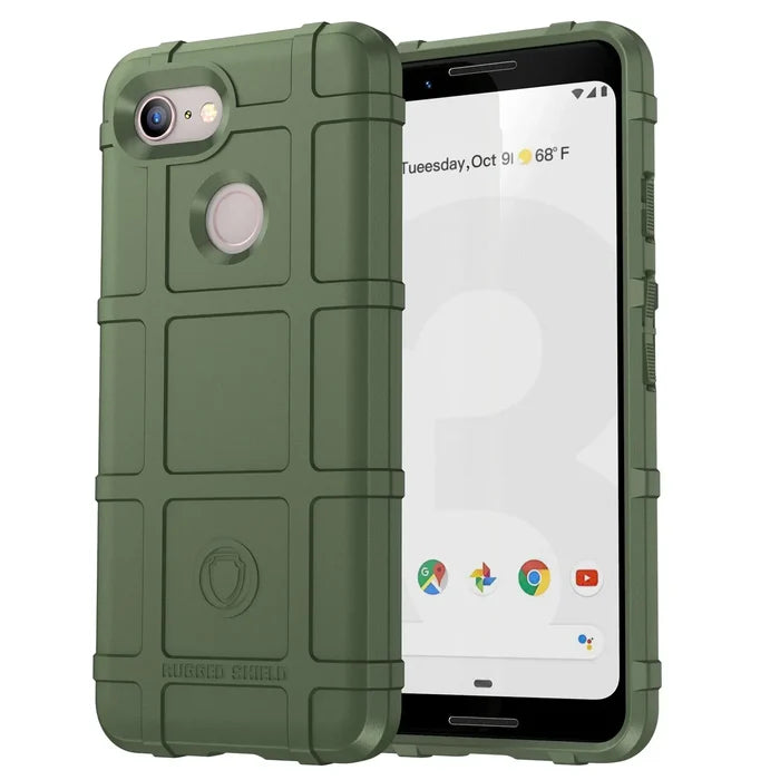 Rugged green protective case for a smartphone with a visible screen displaying app icons and weather information.