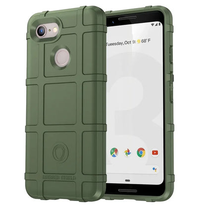 Rugged green protective case for a smartphone with a visible screen displaying app icons and weather information.