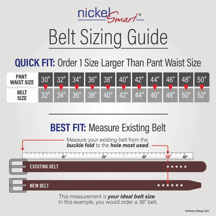 Belt Sizing Guide. Quick Fit: Order 1 size larger than pant waist size. Questions? Call 704-947-1917