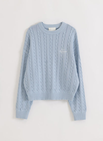 Light blue Aura Club Cable Knit Sweater from aim'n in a flatlay view, featuring classic knit patterns.