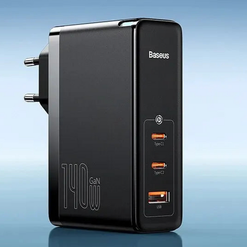 Black wall charger with three USB ports and ’Baseus’ branding.