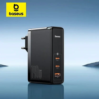 Black Baseus 140W GaN charger with three USB ports.